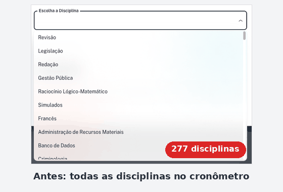 Cronômetro exibindo apenas as disciplinas do edital